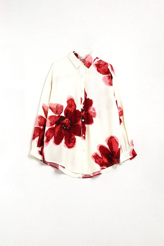 Relaxed Shirt in Beige With Red Tropical Flower Print in Red
