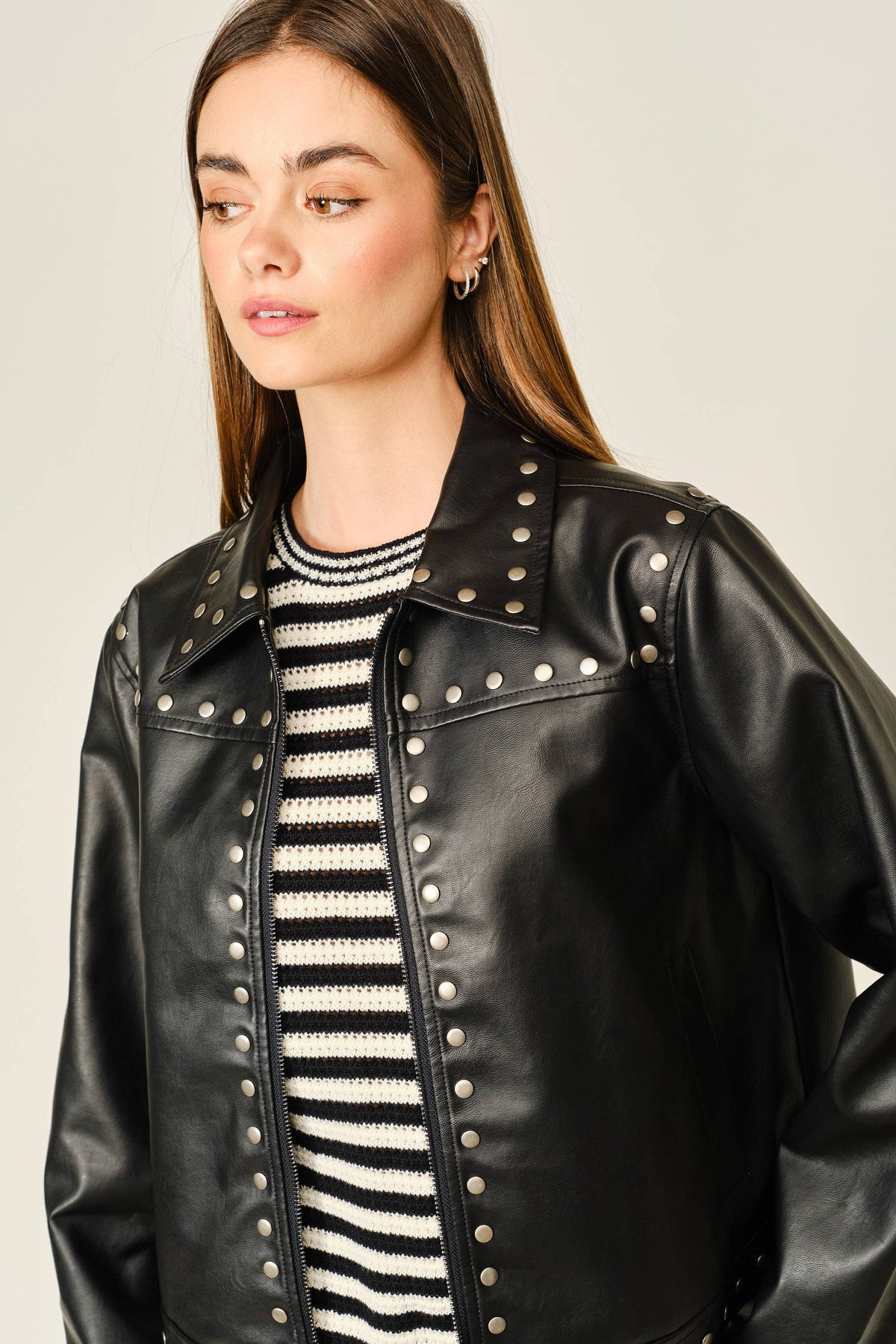 STUDDED VEGAN LEATHER JACKET: BLACK
