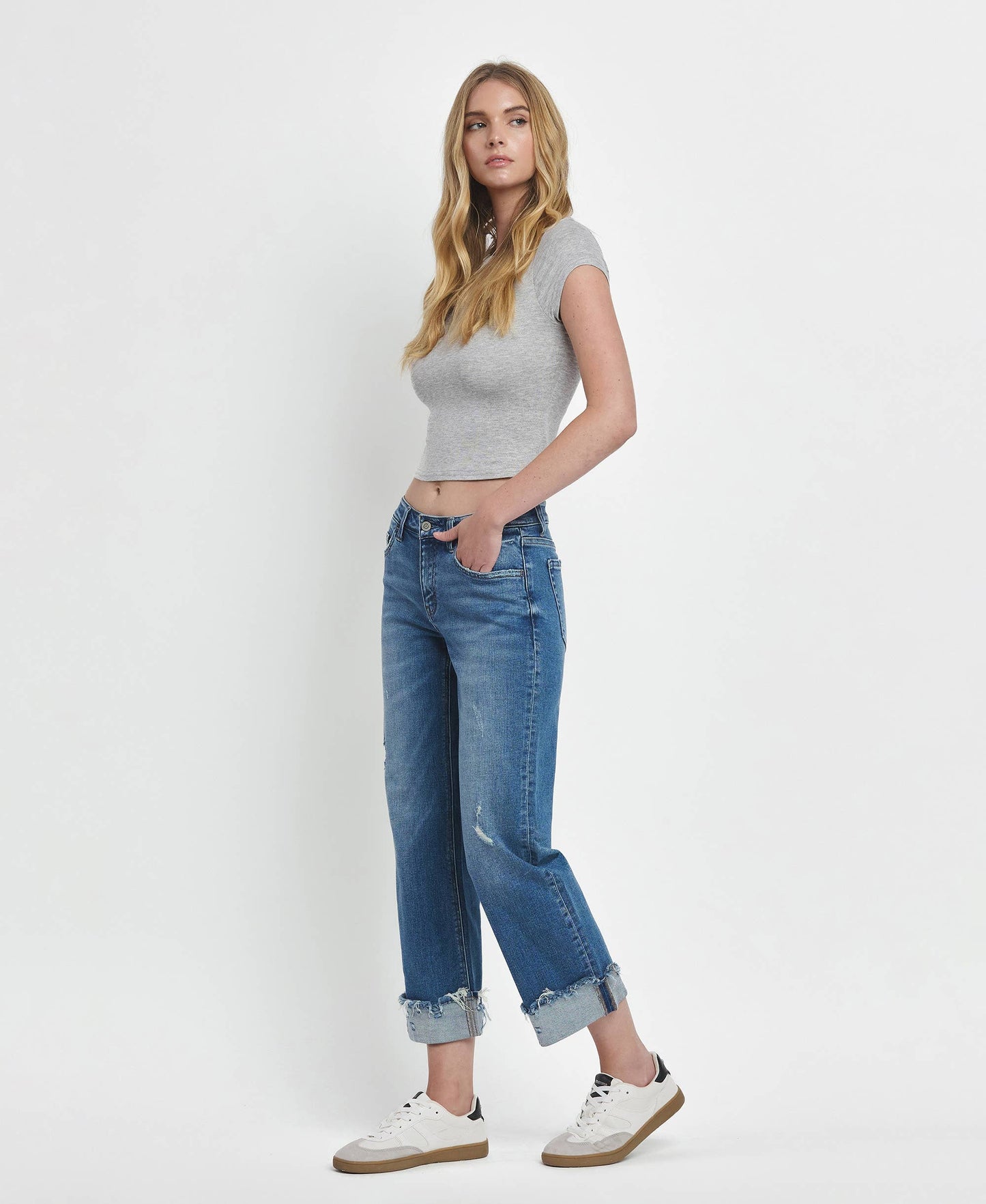 Flying Monkey - Four Season Mid Rise Raw Cuffed Hem Slim Wide Leg Jeans
