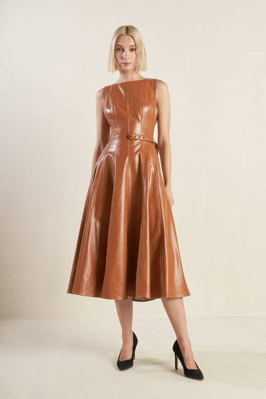 Faux leather belted midi dress - FD1294: CAMEL