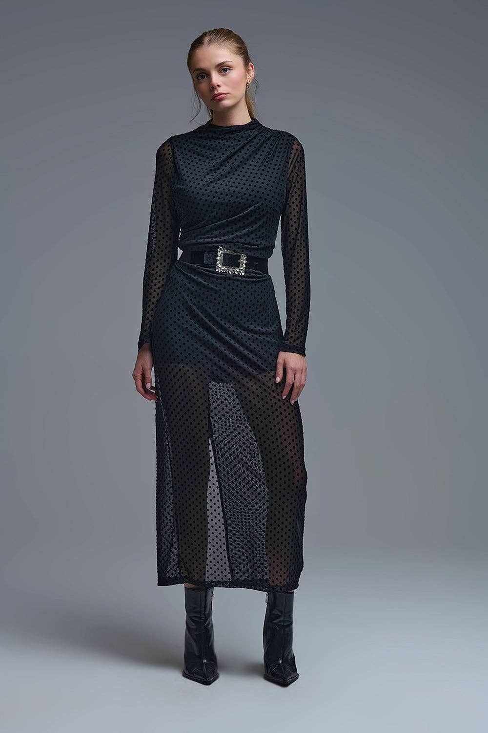 Chic Black Sheer Polka Dot Midi Dress