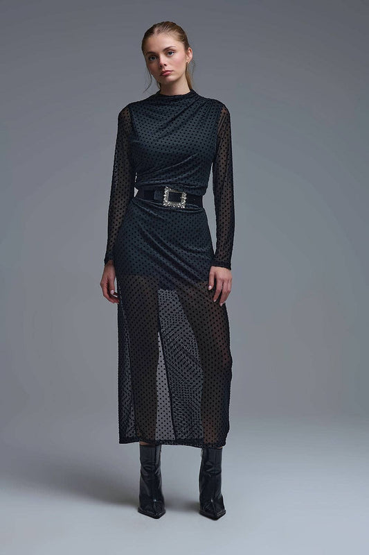 Chic Black Sheer Polka Dot Midi Dress
