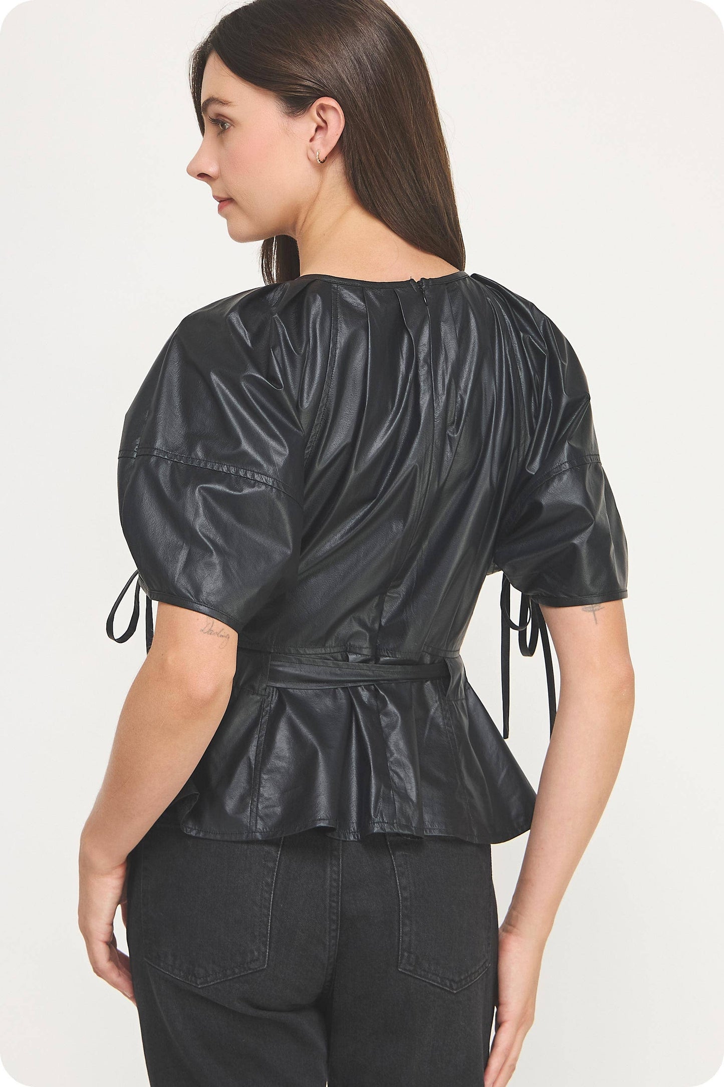 Waist Belt Pleated Faux Leather Top: Black