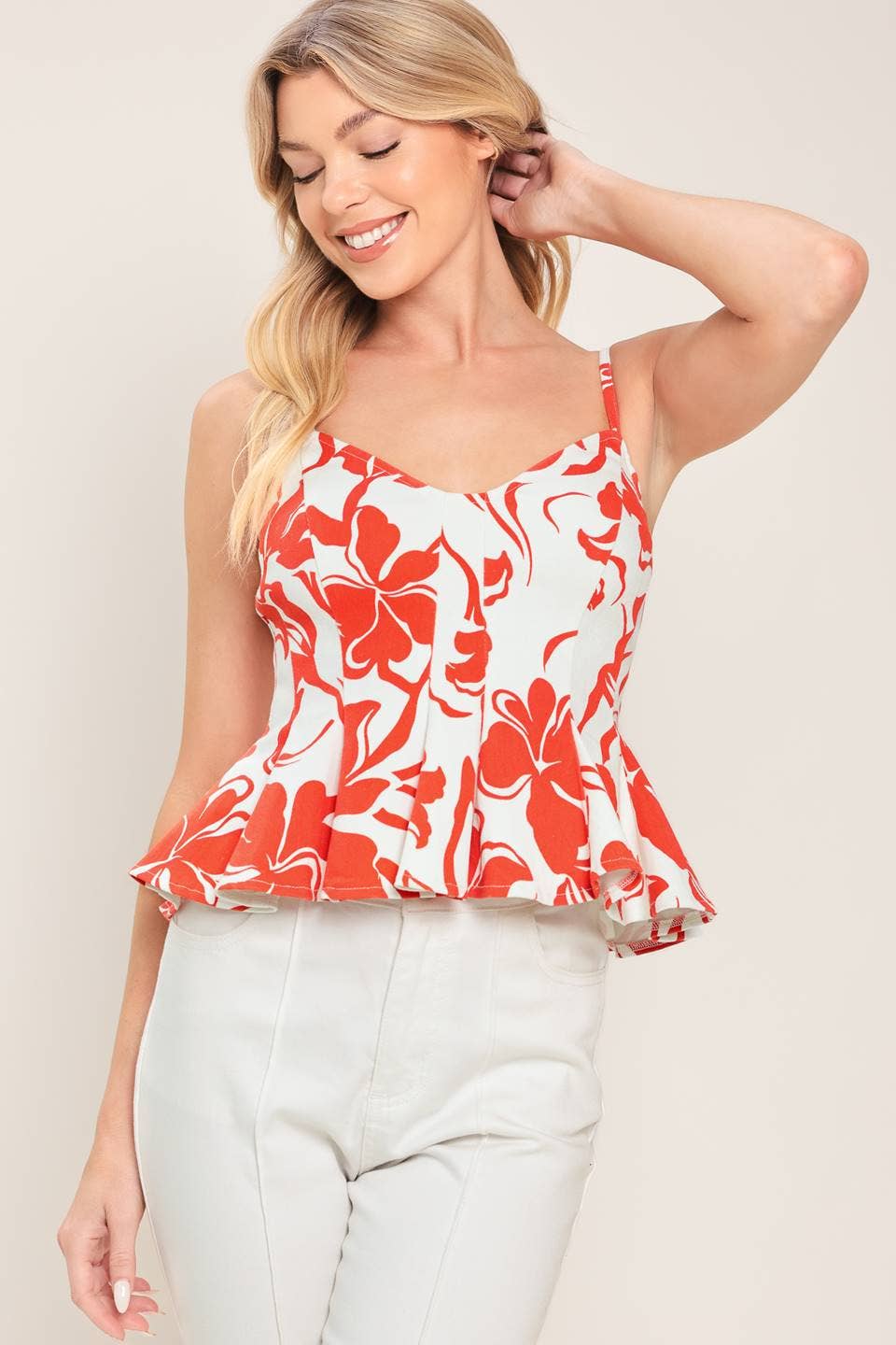 V-neck spaghetti strap peplum top- IT14180: RED/WHITE