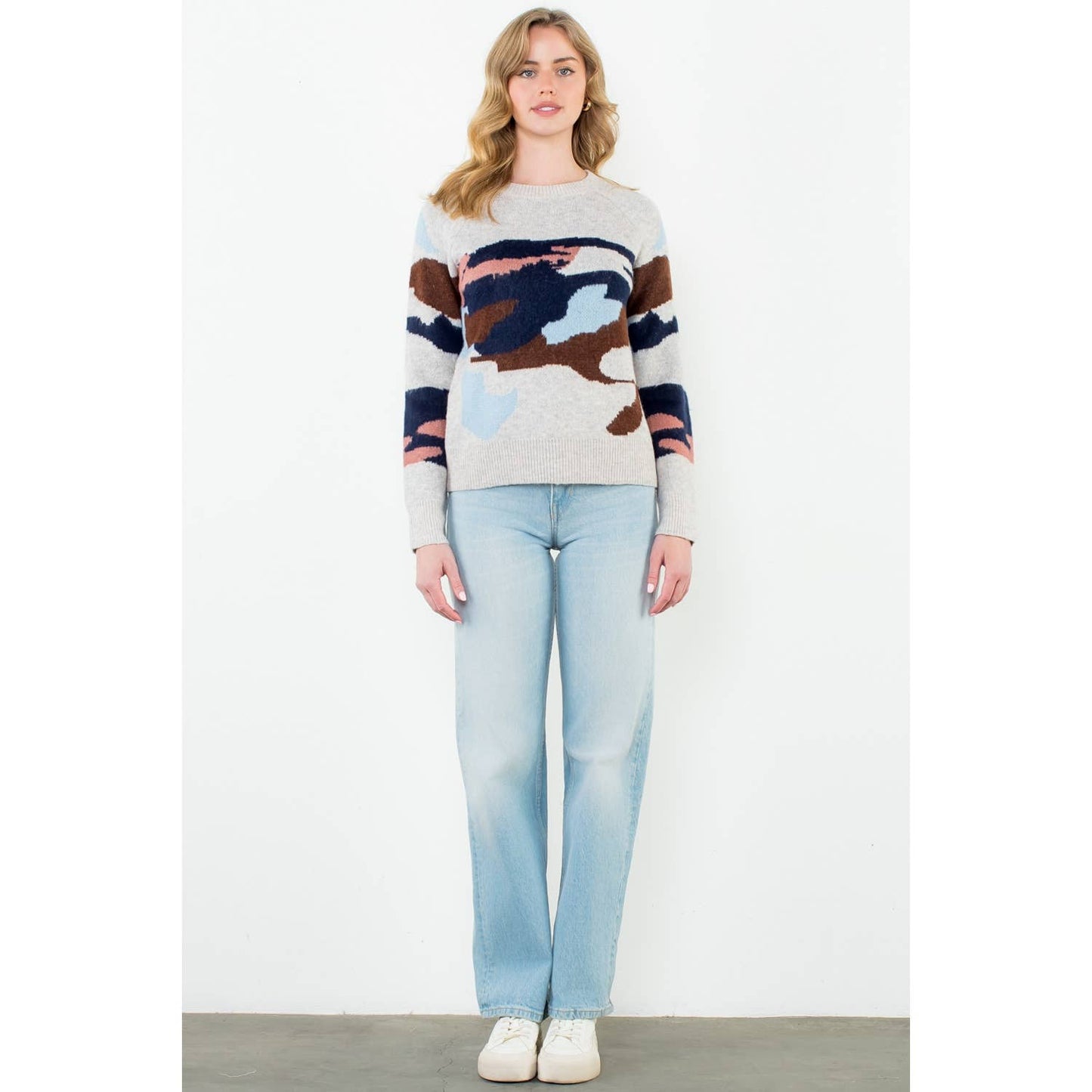 Camo Knit Crewneck: BEIGE