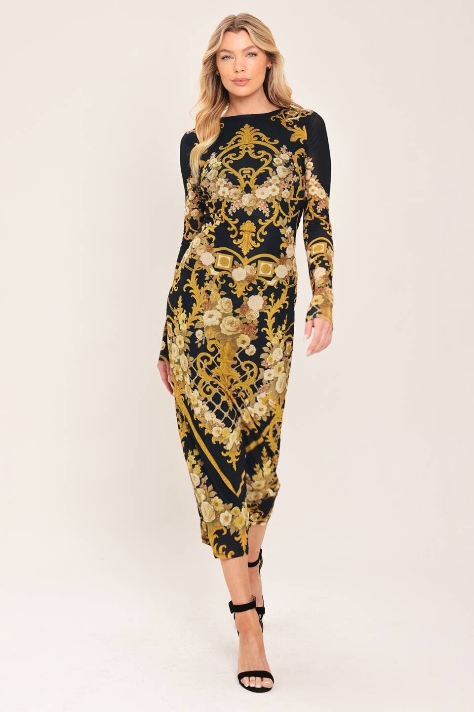 A printed power mesh midi dress - ID24092: Black