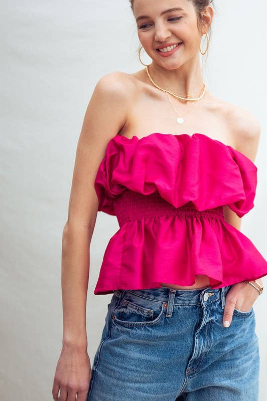 Strapless Ruffle Smocked Waist Silky Peplum Top: BERRY