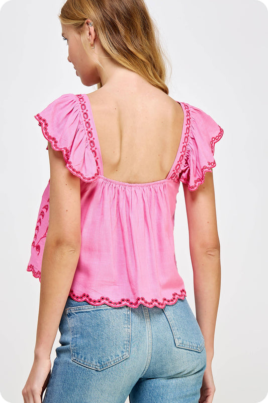 Embroidery Sleeveless Linen Top: Pink