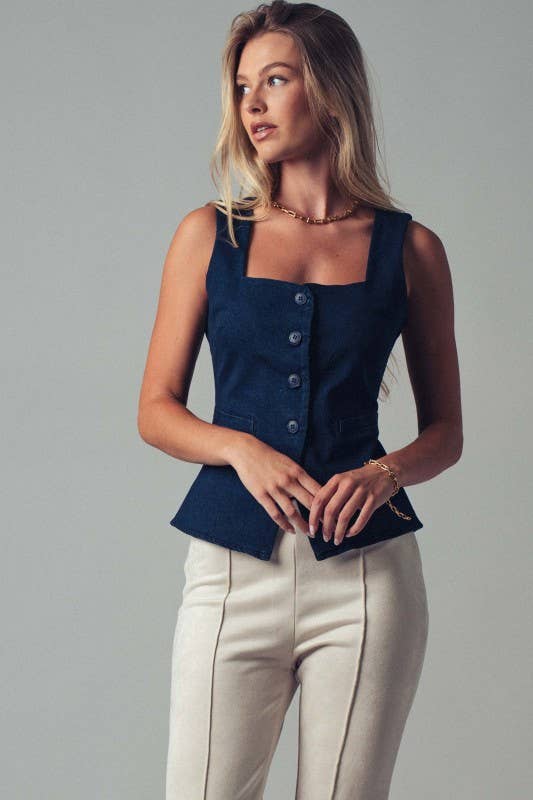 Structured Square Neck Button-Up Vest: Dark Navy DENIM