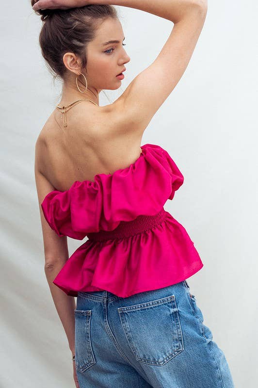 Strapless Ruffle Smocked Waist Silky Peplum Top: BERRY