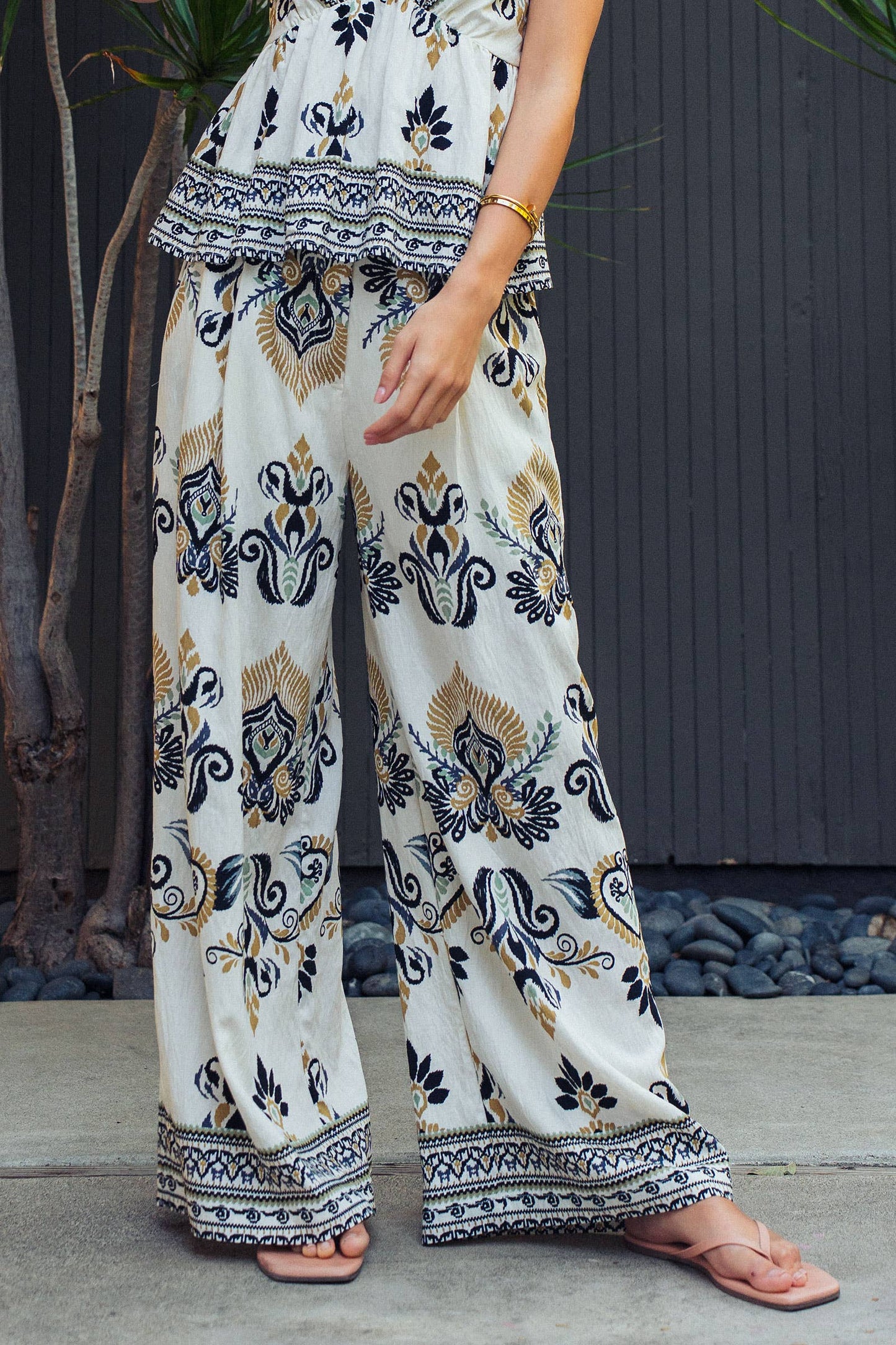 Boho Paisley Print Wide Leg Palazzo Pants: Multi-colored