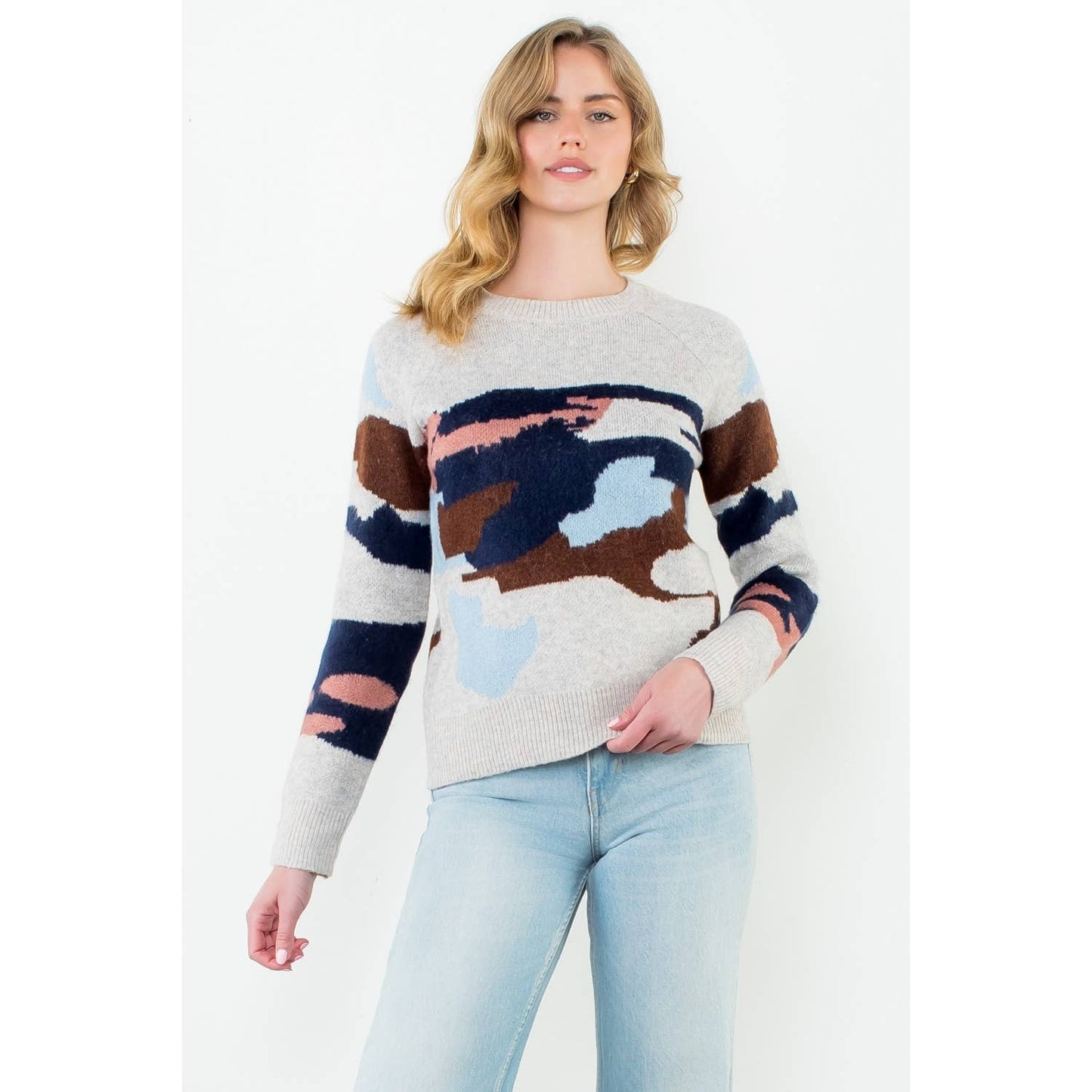 Camo Knit Crewneck: BEIGE