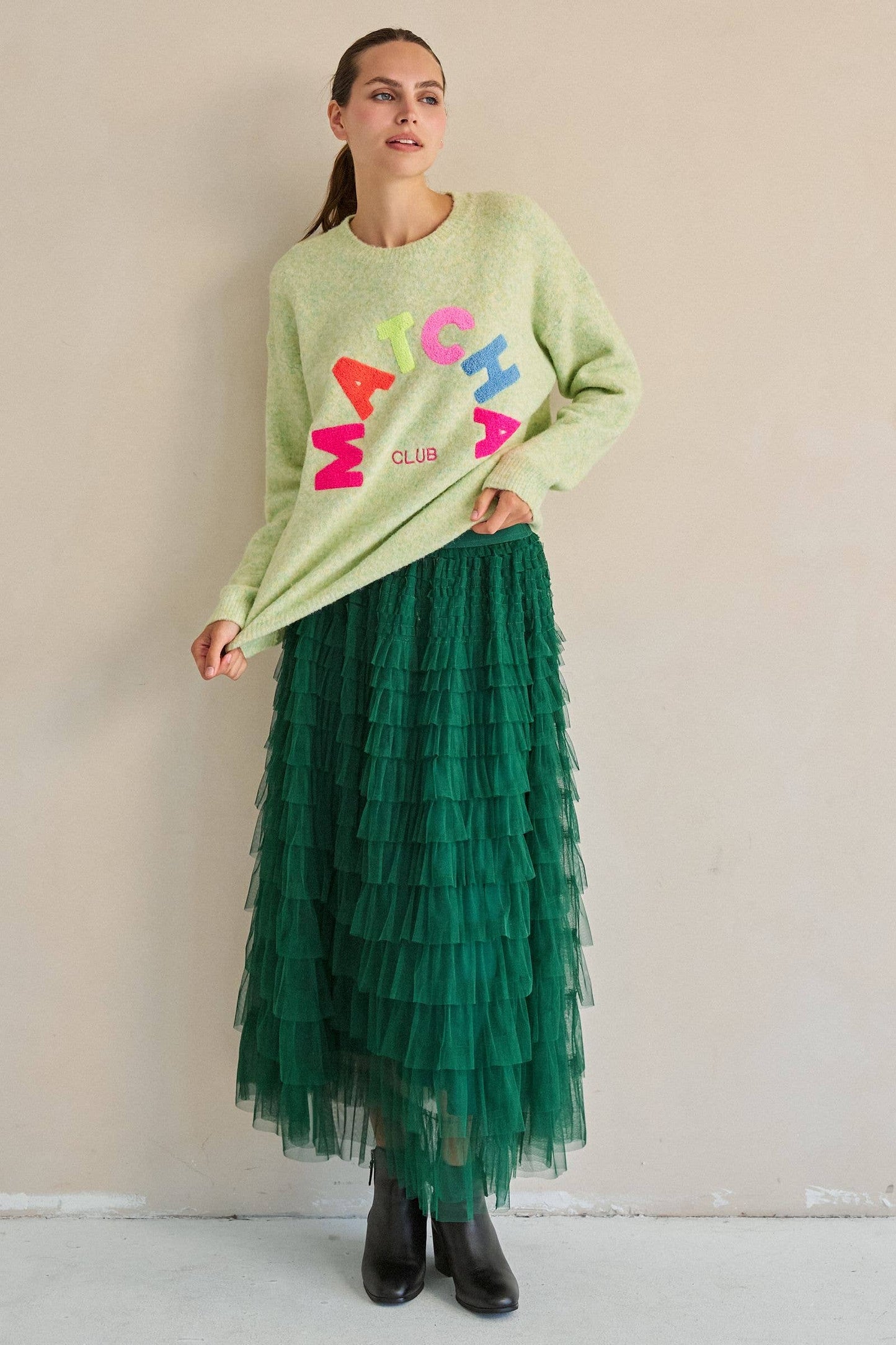 TIERED RUFFLE MESH MAXI SKIRT: GREEN