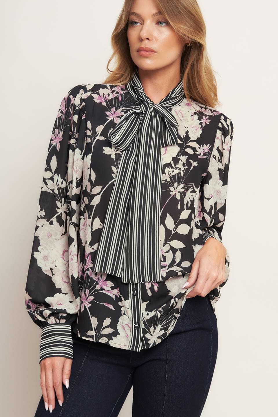 Black/white floral/striped blouse - IT13860: