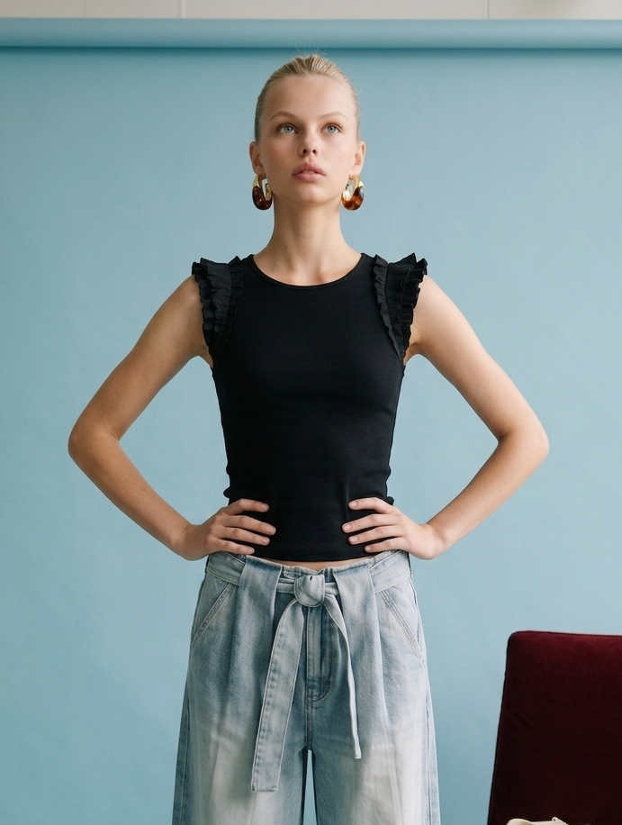 Ruffle Trim Sleeveless Knit Top: Black