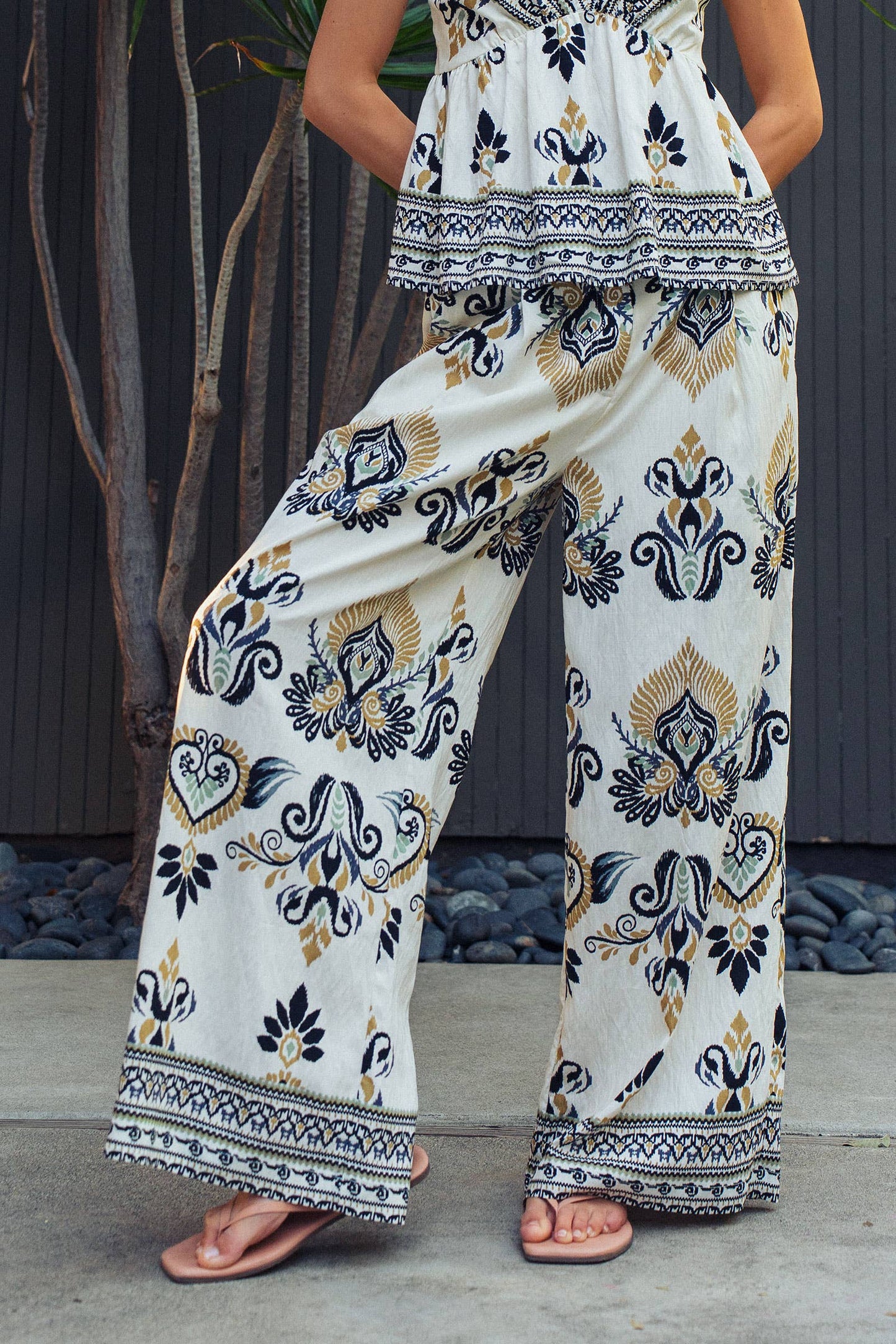 Boho Paisley Print Wide Leg Palazzo Pants: Multi-colored
