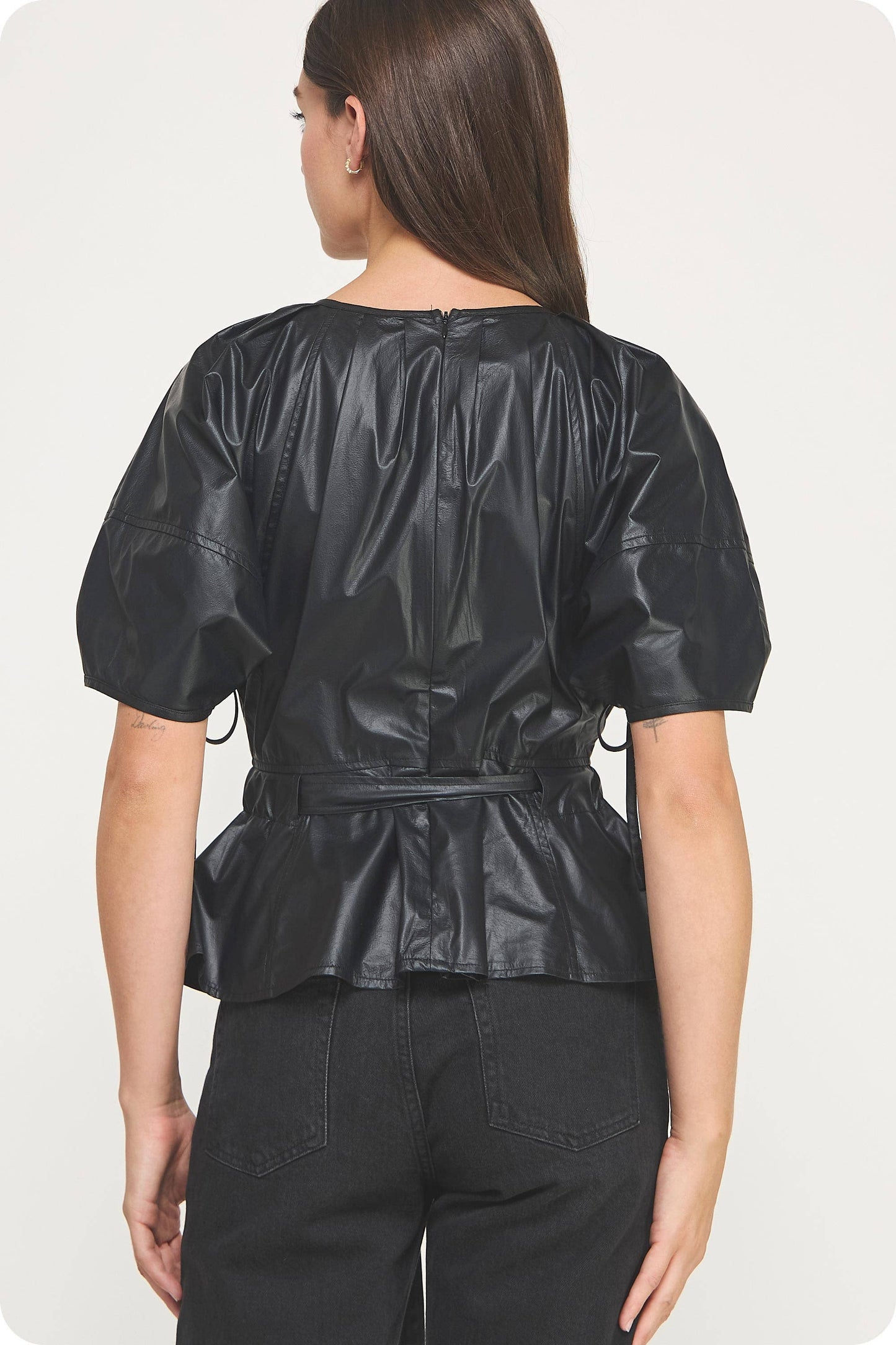 Waist Belt Pleated Faux Leather Top: Black