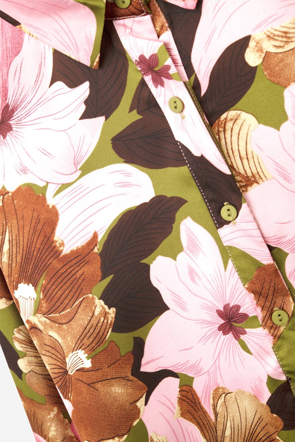 Satin Finish Tropical Floral Shirt in Olive Green: GREEN / L