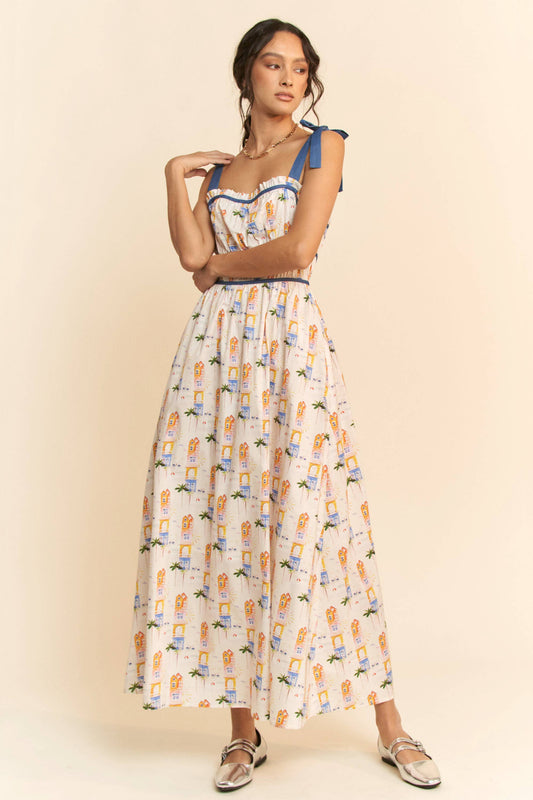PRINTED RIBBON STRAPS MAXI SUN DRESS: White Multi