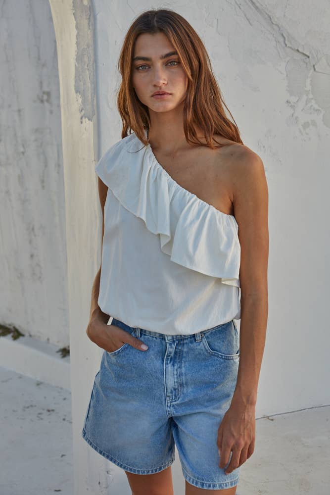 One Shoulder Layered Sleeveless Ruffle Top: Ivory