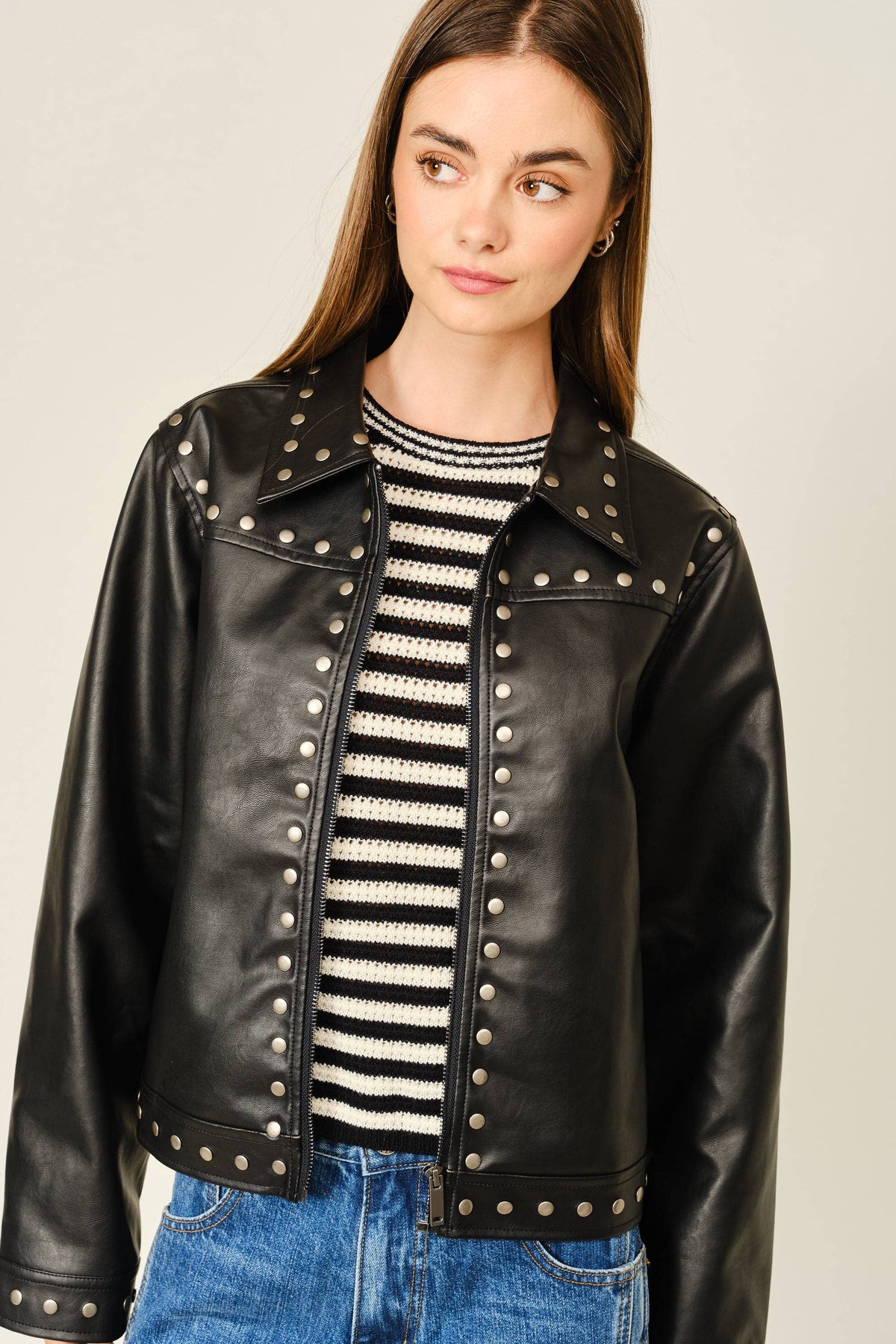STUDDED VEGAN LEATHER JACKET: BLACK