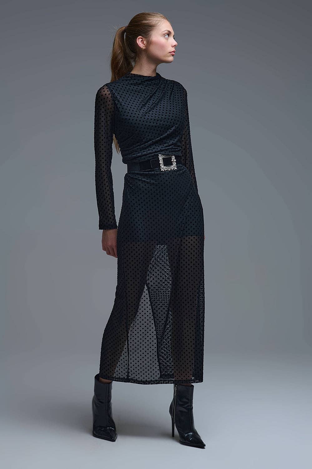 Chic Black Sheer Polka Dot Midi Dress