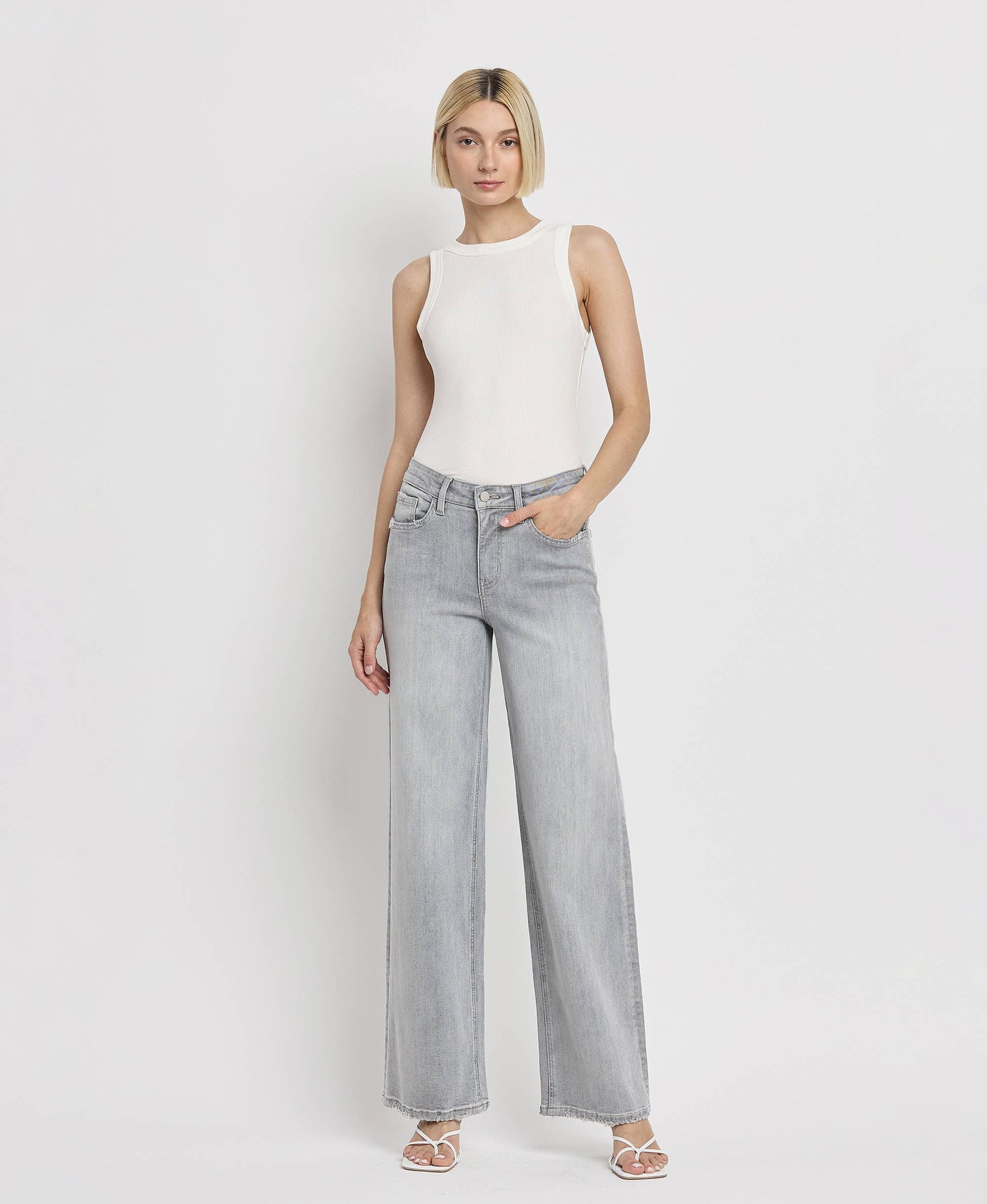 Flying Monkey High Rise Light Grey Wide Leg Jeans F5651