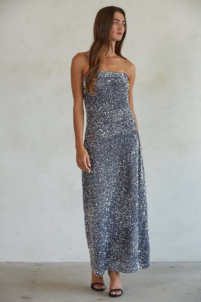 Sequin Tube Neck Strapless Pencil Maxi: Dark Grey