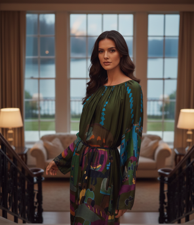 Conversational Print Long Sleeve Dress