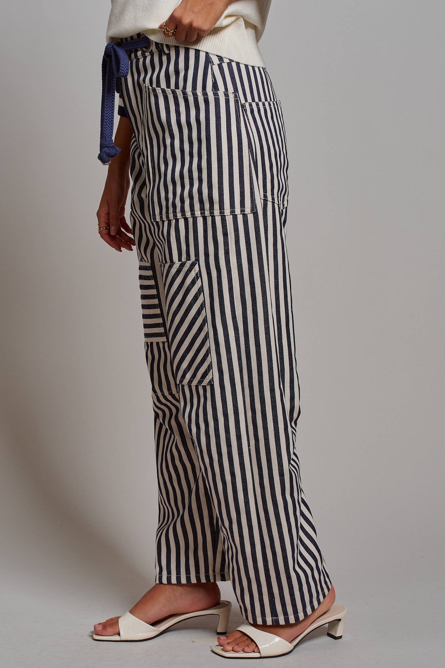 Railroad Striped Patch Pocket Spring Utility Pants: Navy