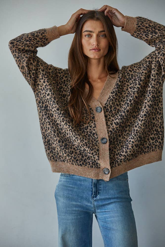 V-Neck Animal Print Cardigan: Mocha Black