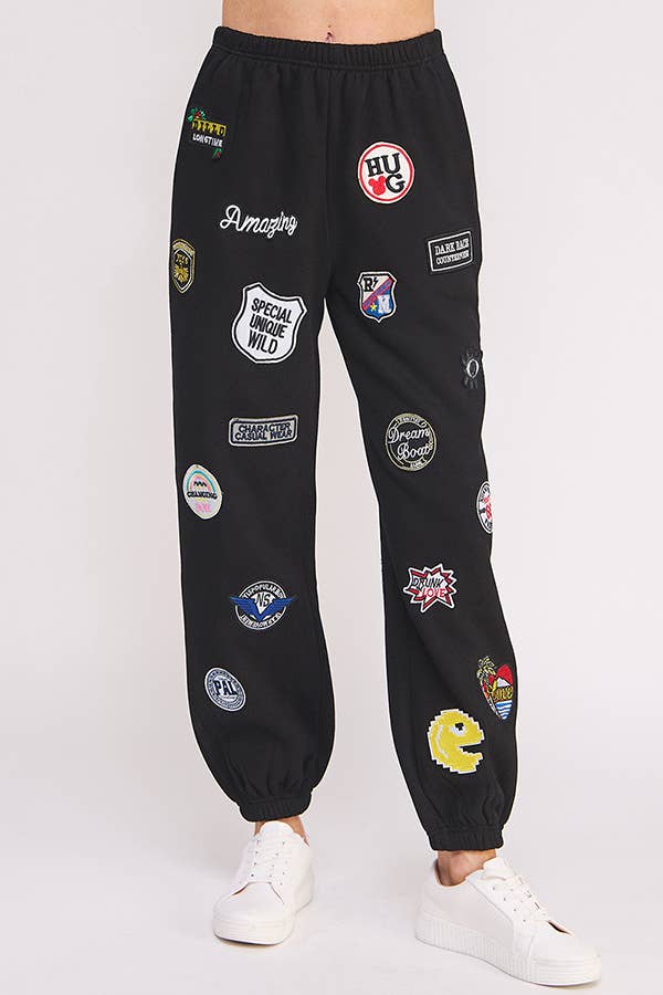 High waist Multi Patches Jogger Pants: Black