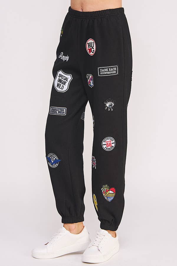 High waist Multi Patches Jogger Pants: Black