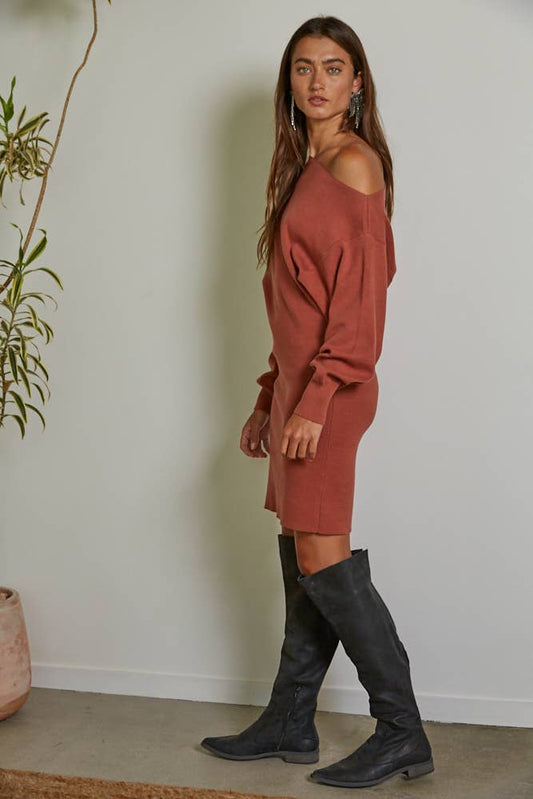 One Side Off The Shoulder Mini Dress: Terracotta
