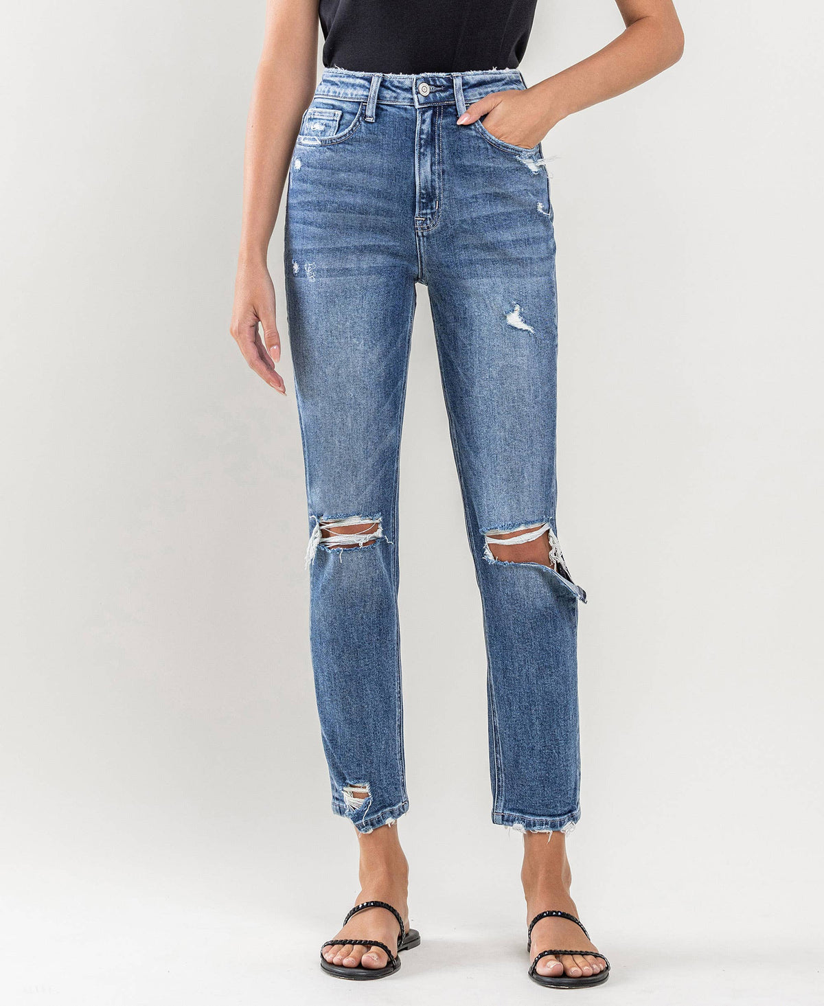 SUPER HIGH RISE DISTRESSED MOM JEANS: LAST NIGHT