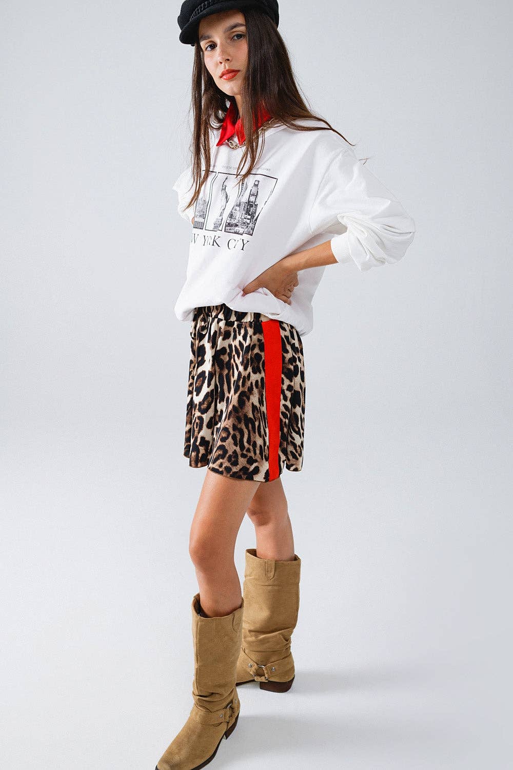 Leopard Print Shorts With Red Stripes On The Sides: Brown / Medium