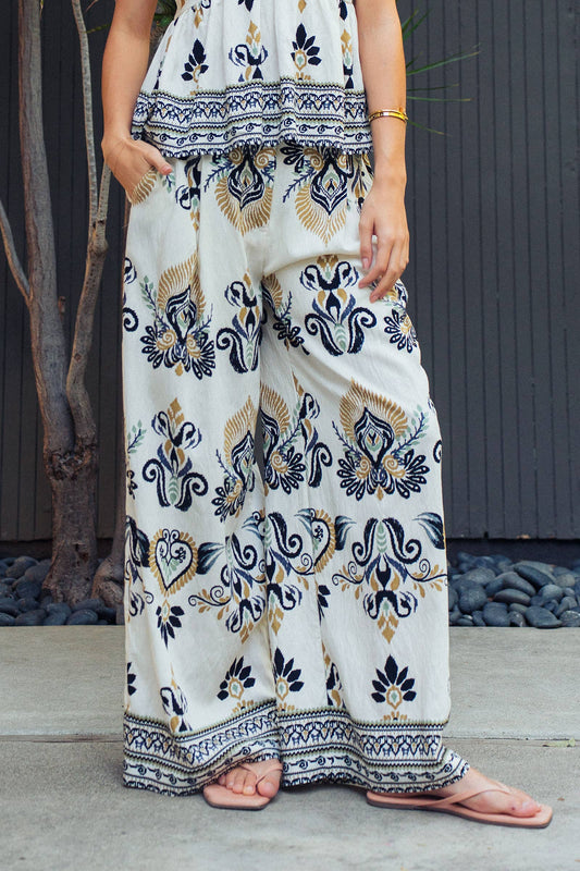 Boho Paisley Print Wide Leg Palazzo Pants: Multi-colored