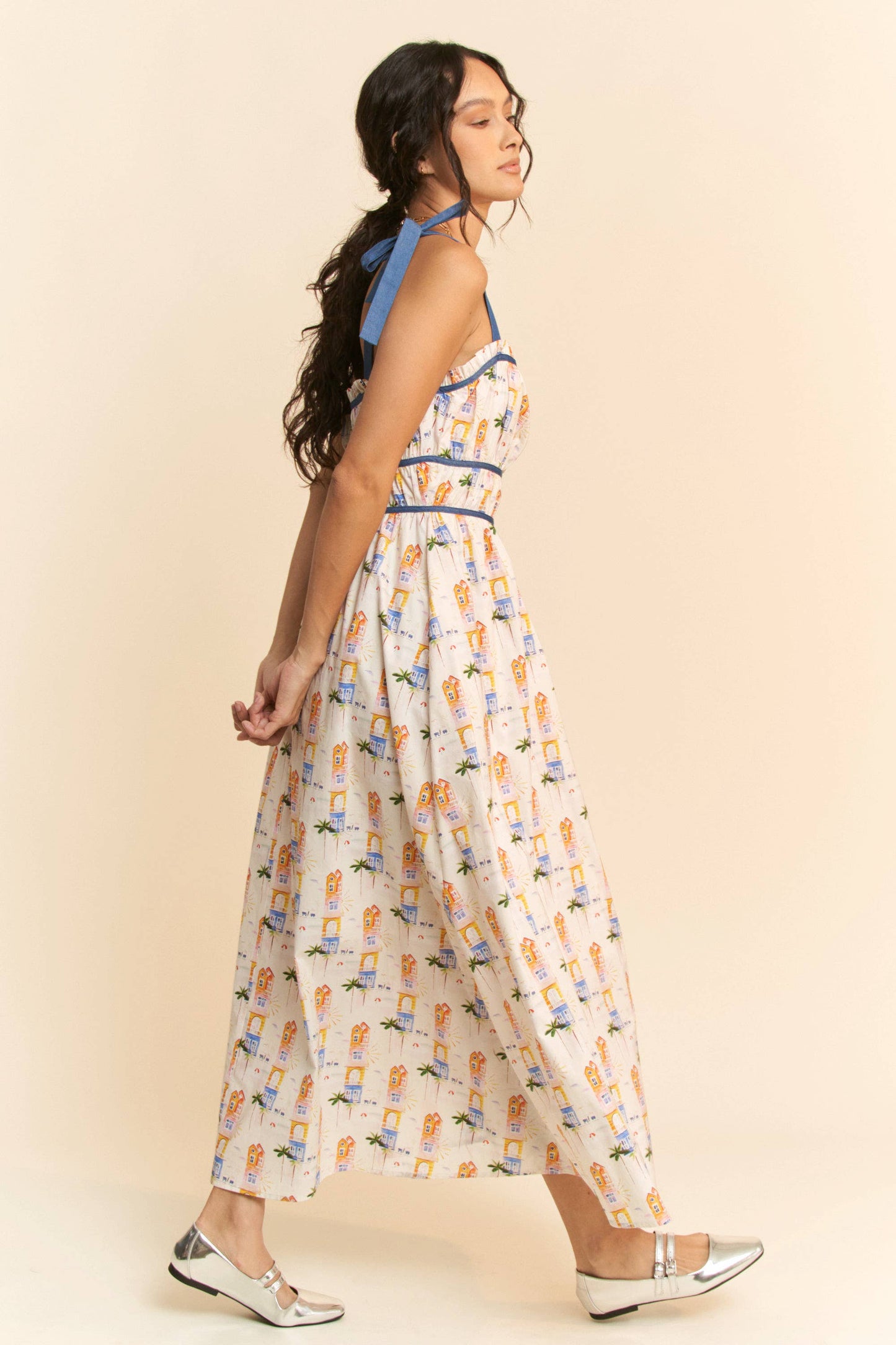 PRINTED RIBBON STRAPS MAXI SUN DRESS: White Multi