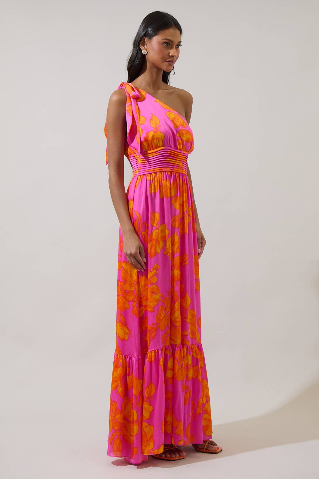 Pacey Floral Bayou One Shoulder Maxi Dress: NeonOrange/Pink