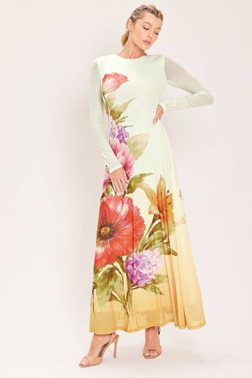 A printed power mesh maxi dress - ID24270: IVORY