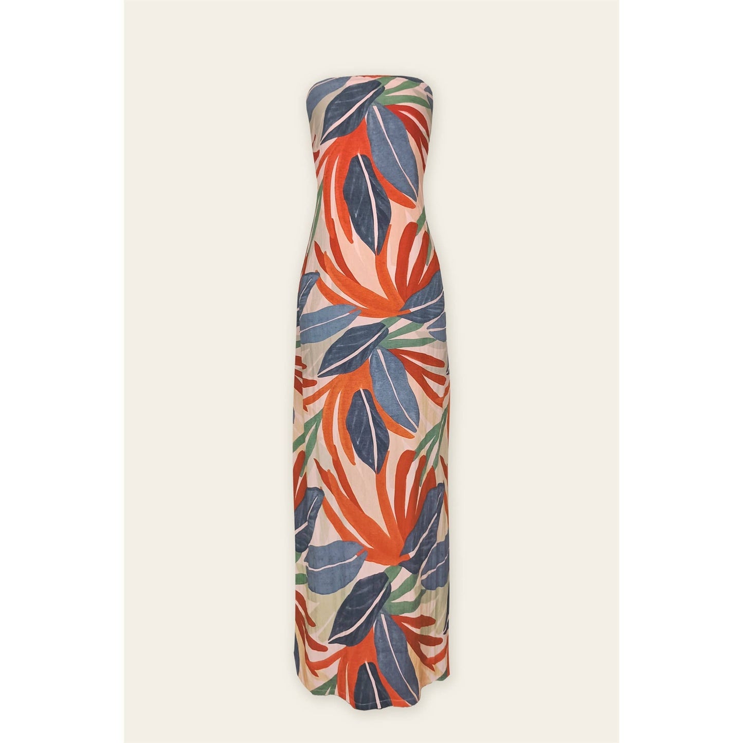 Tropical Leaf Strapless Tie Back Maxi Dress: SUN ORANGE PALM