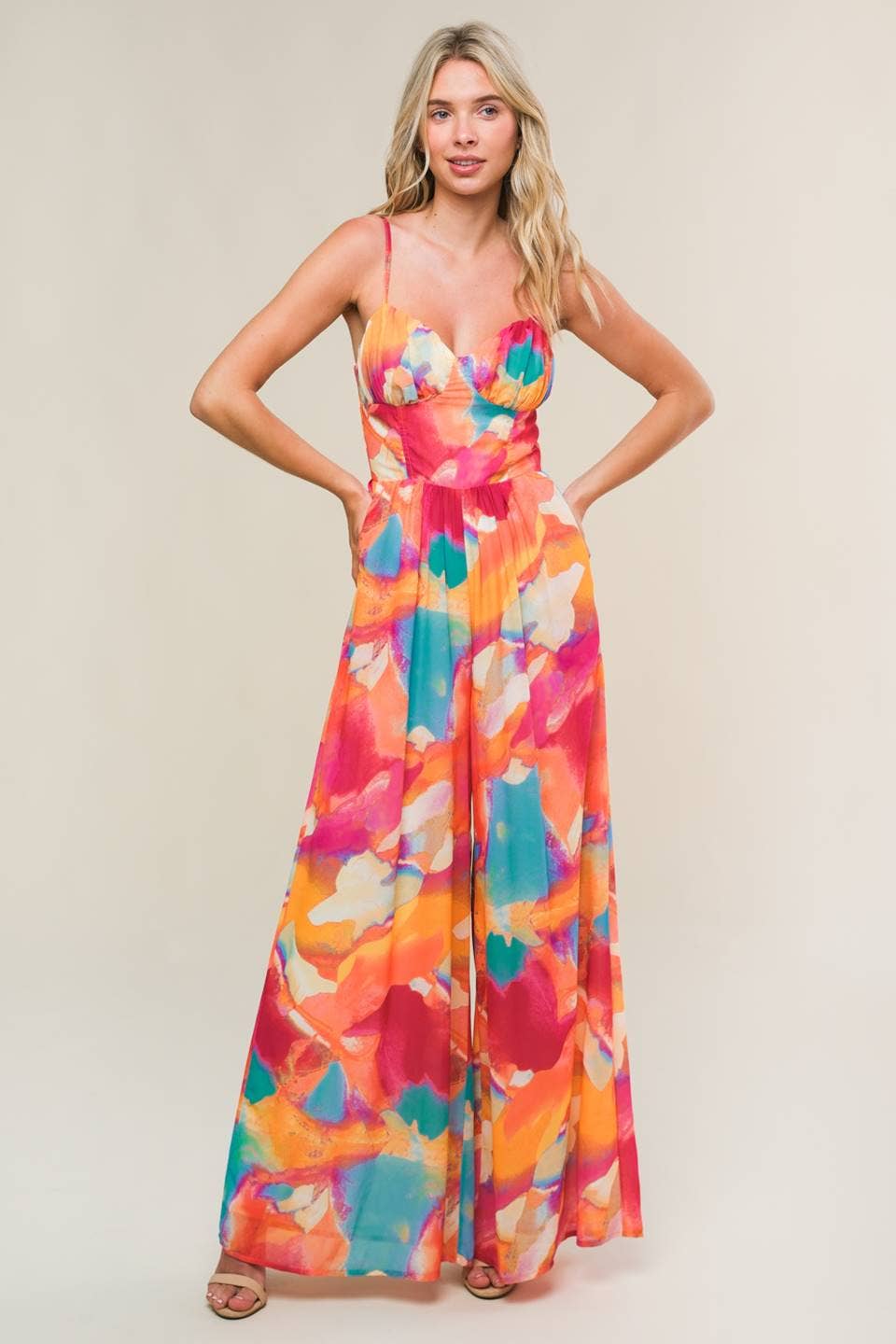 Abstract tropical jumpsuit - IP8543: MAGENTA ORANGE