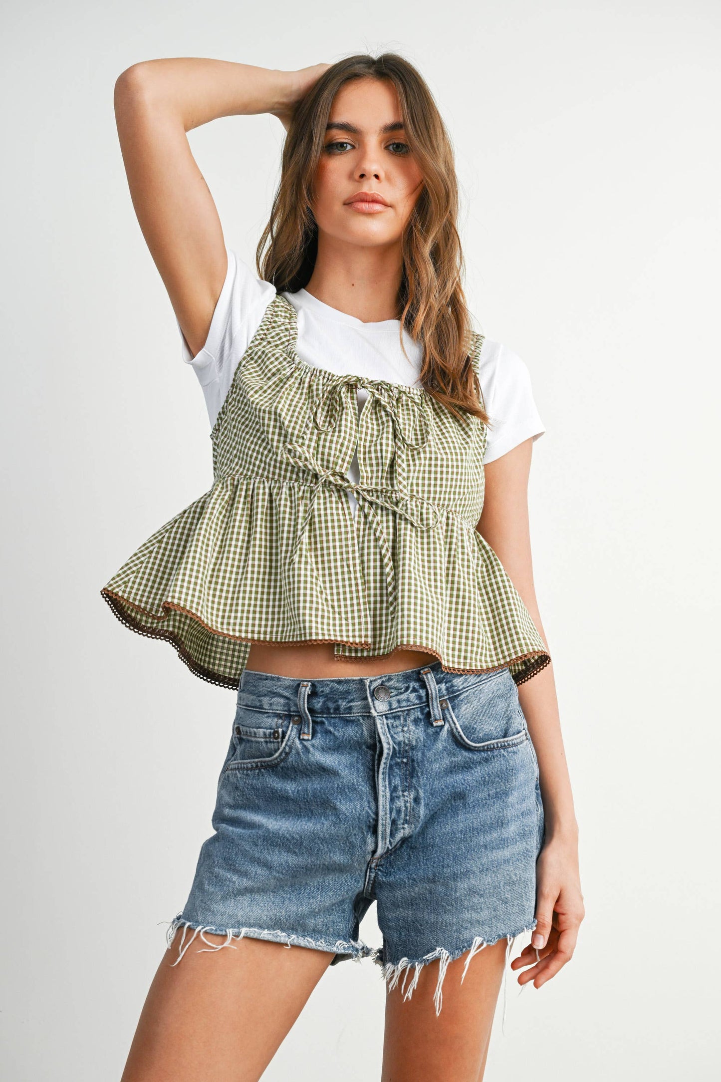 Tie-Front Sleeveless Peplum Tank Top - BMT7875: OLIVE MULTI