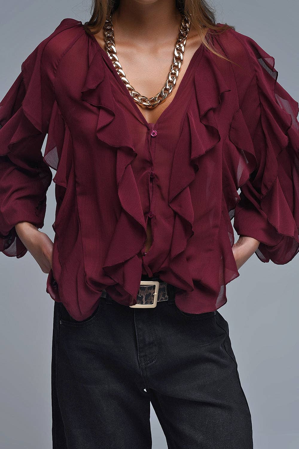 Burgundy V-Neck All Over Ruffle Blouse: MAROON / M