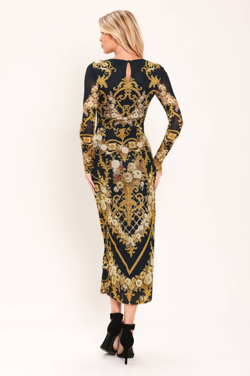 A printed power mesh midi dress - ID24092: Black