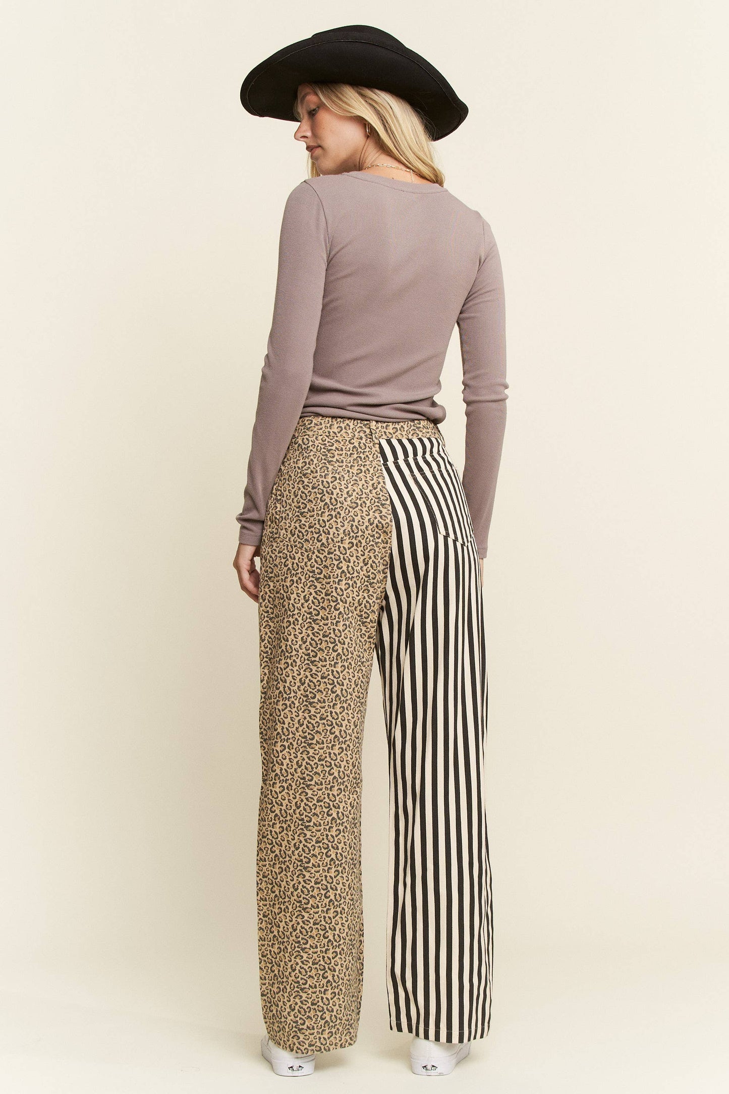 MIX & MATCH LEOPARD-STRIPE PANTS: Brown