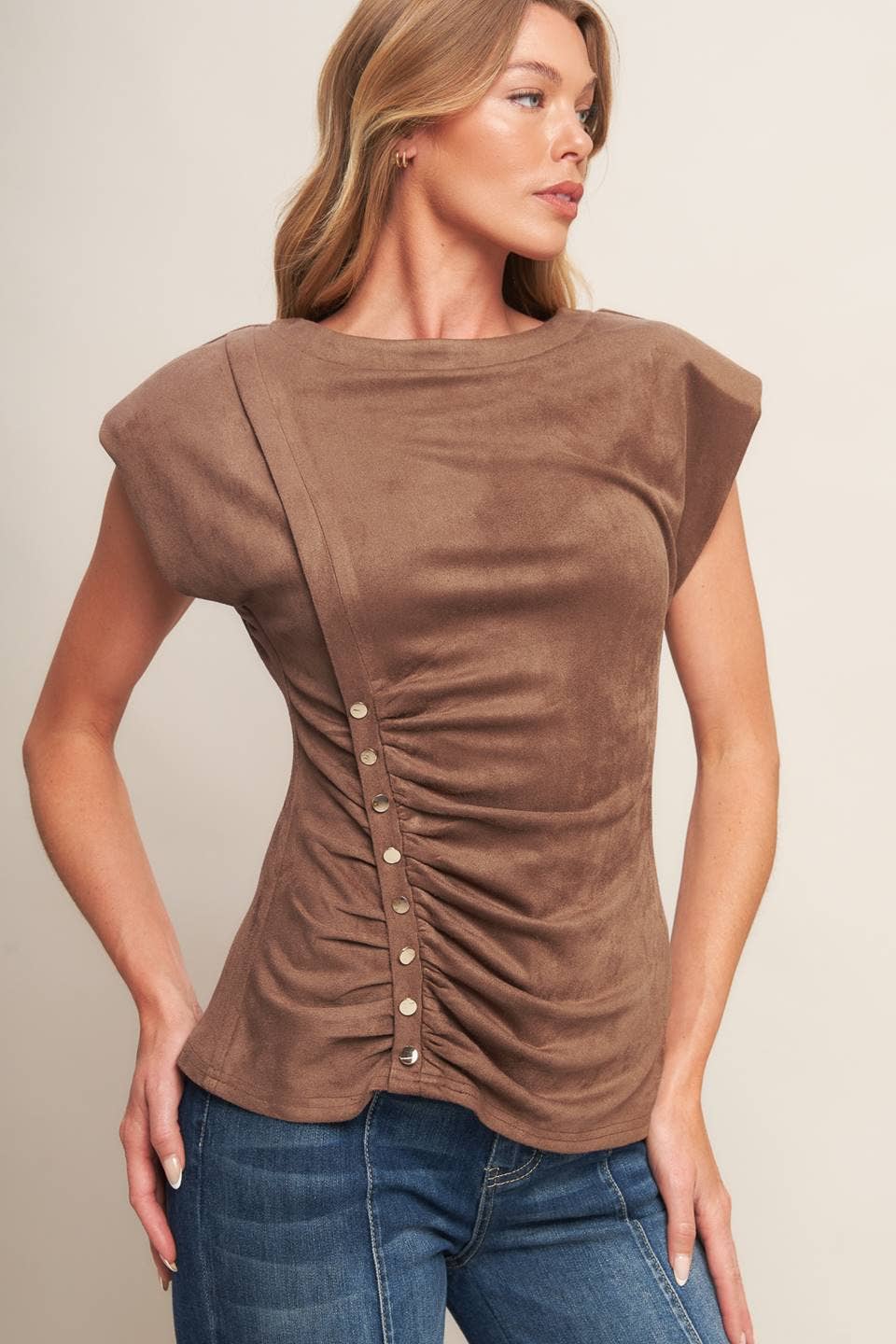 Faux suede top with front shirring - IT13851: Brown