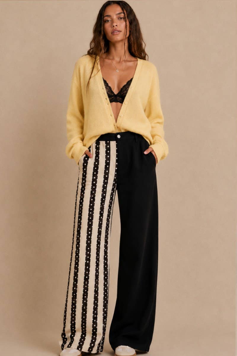 MIX STRIPE & SOLID WIDE LEG PANTS: Black