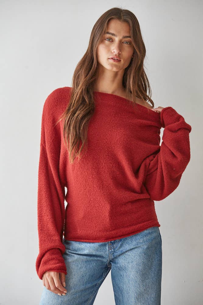 Boat Neck Long Sleeve Pullover Top: Wine