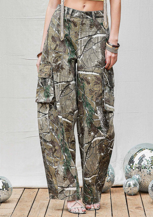 Rhinestone Camo Print Baggy Barrel Jeans: Camo